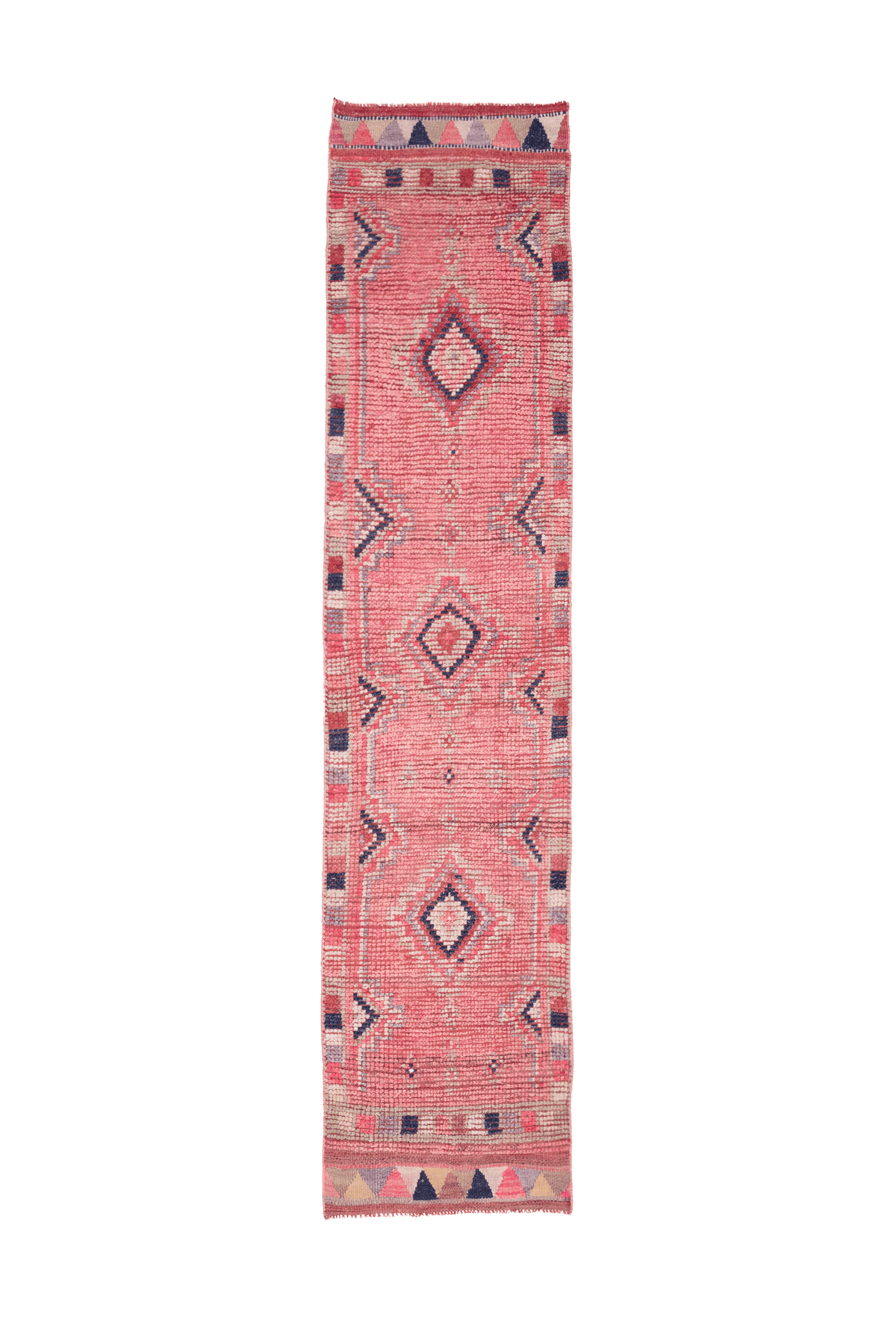 Handmade pink wool and cotton runner rug with bohemian geometric patterns, 2.4 x 10.5 ft.