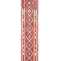 2.9x14 ft handmade wool and cotton Persian-style Kilim runner in brown and orange with geometric maximalist patterns.