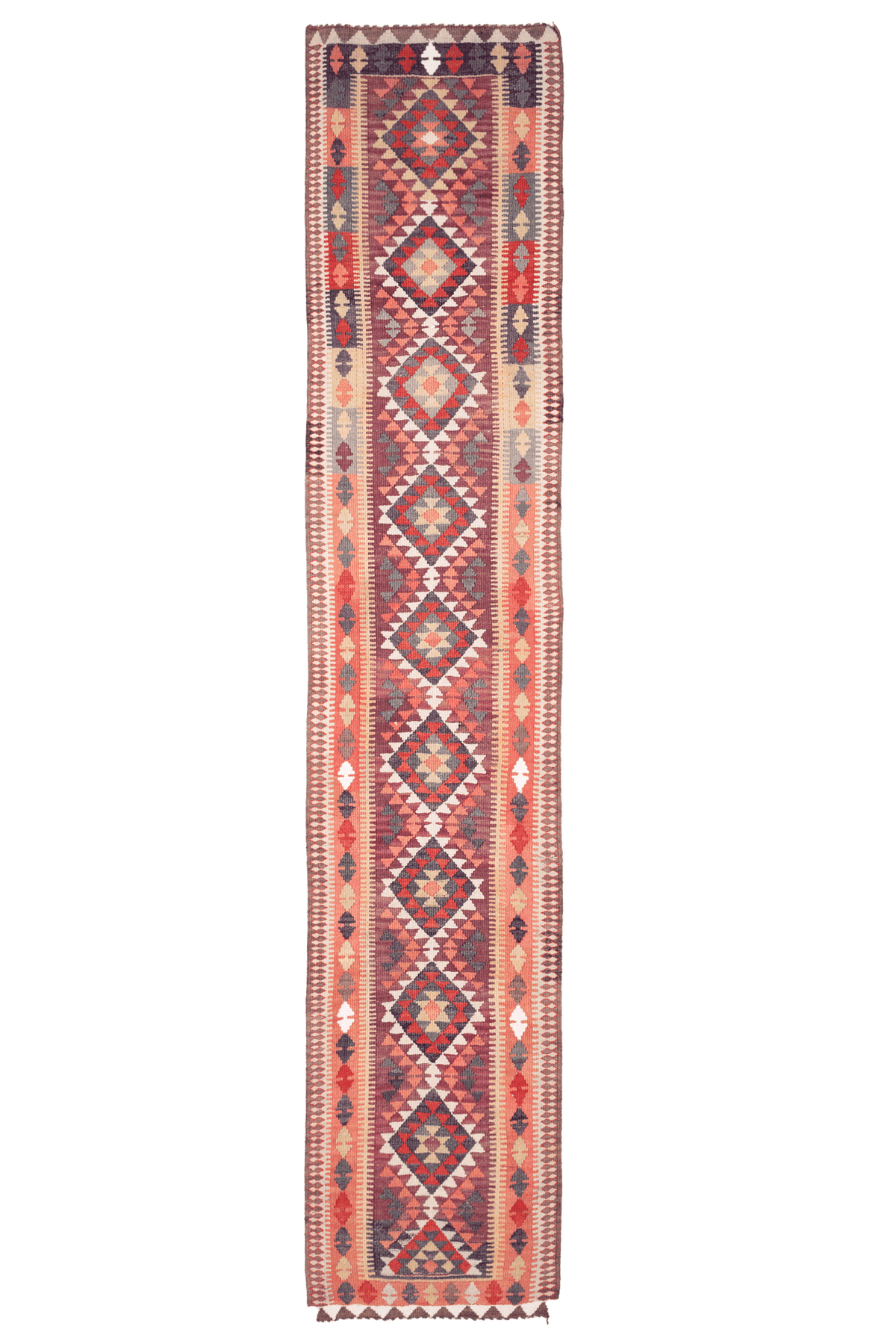 2.9x14 ft handmade wool and cotton Persian-style Kilim runner in brown and orange with geometric maximalist patterns.