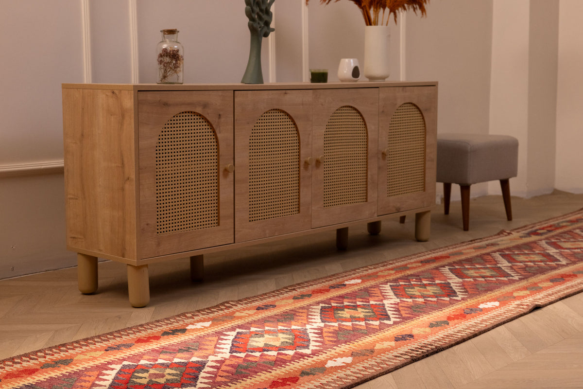 2.9x14 ft handmade wool and cotton Persian-style Kilim runner in brown and orange with geometric maximalist patterns.