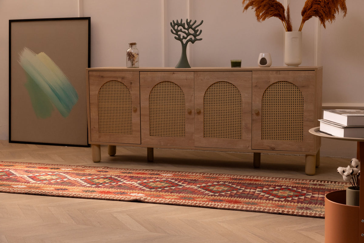 Handmade 2.9x14 ft wool and cotton Persian-style kilim runner in brown and orange with geometric maximalist patterns.