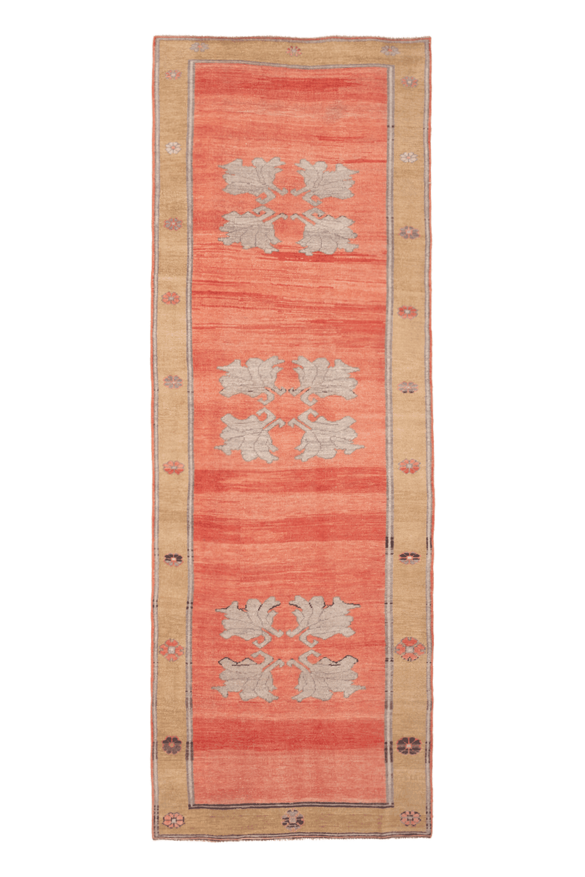 Hand-woven vintage Sivas wool runner rug in burnt orange with floral motifs and a brown border, 3.7 x 10.9 ft.