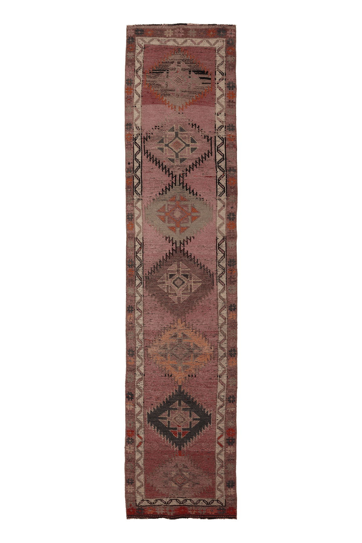 Vintage Southeastern Persian Style Runner Rug 3x12 ft — Pink & Brown Geometric