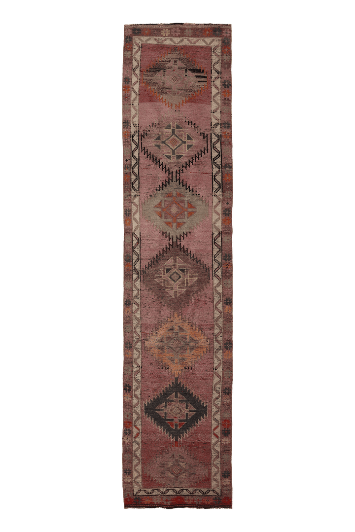 Vintage Southeastern Persian Style Runner Rug 3x12 ft — Pink & Brown Geometric