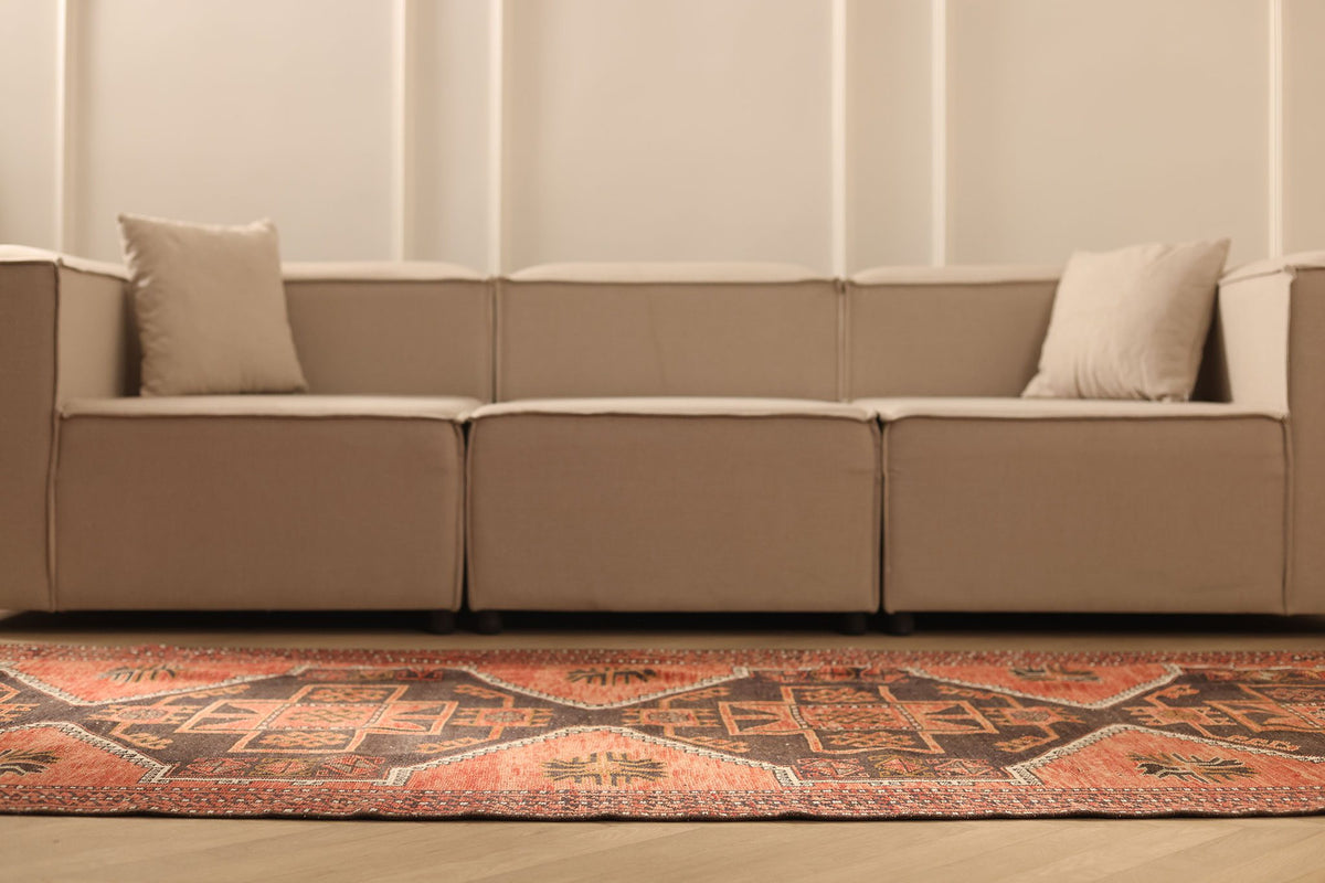 Vintage Malatya Turkish Runner Rug 4x12 ft — Red & Brown Geometric
