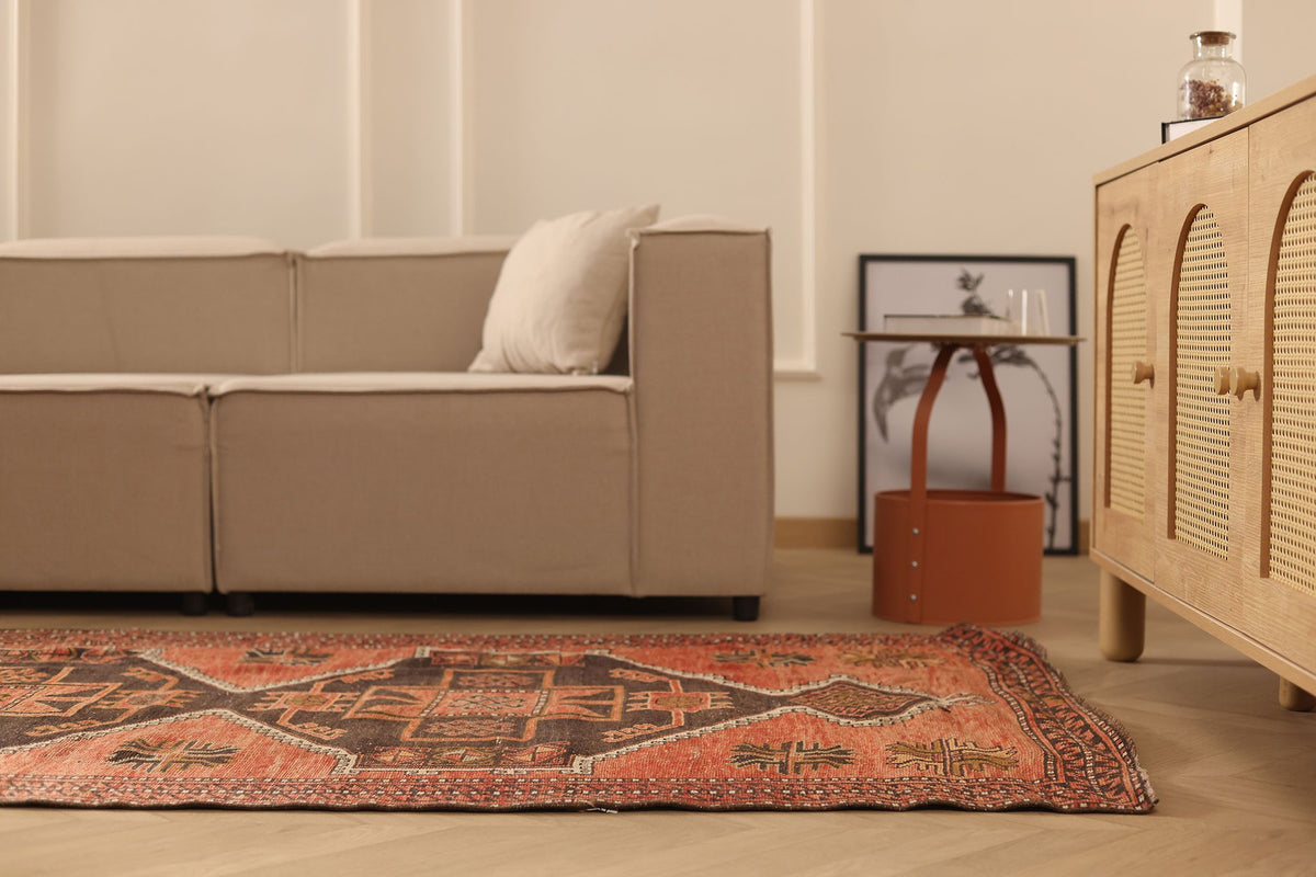 Vintage Malatya Turkish Runner Rug 4x12 ft — Red & Brown Geometric