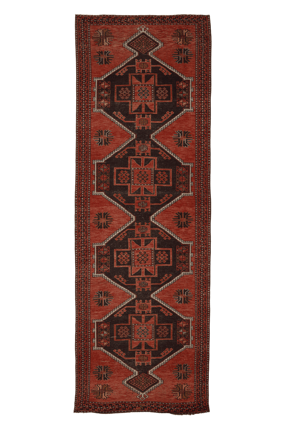 Vintage Malatya Turkish Runner Rug 4x12 ft — Red & Brown Geometric