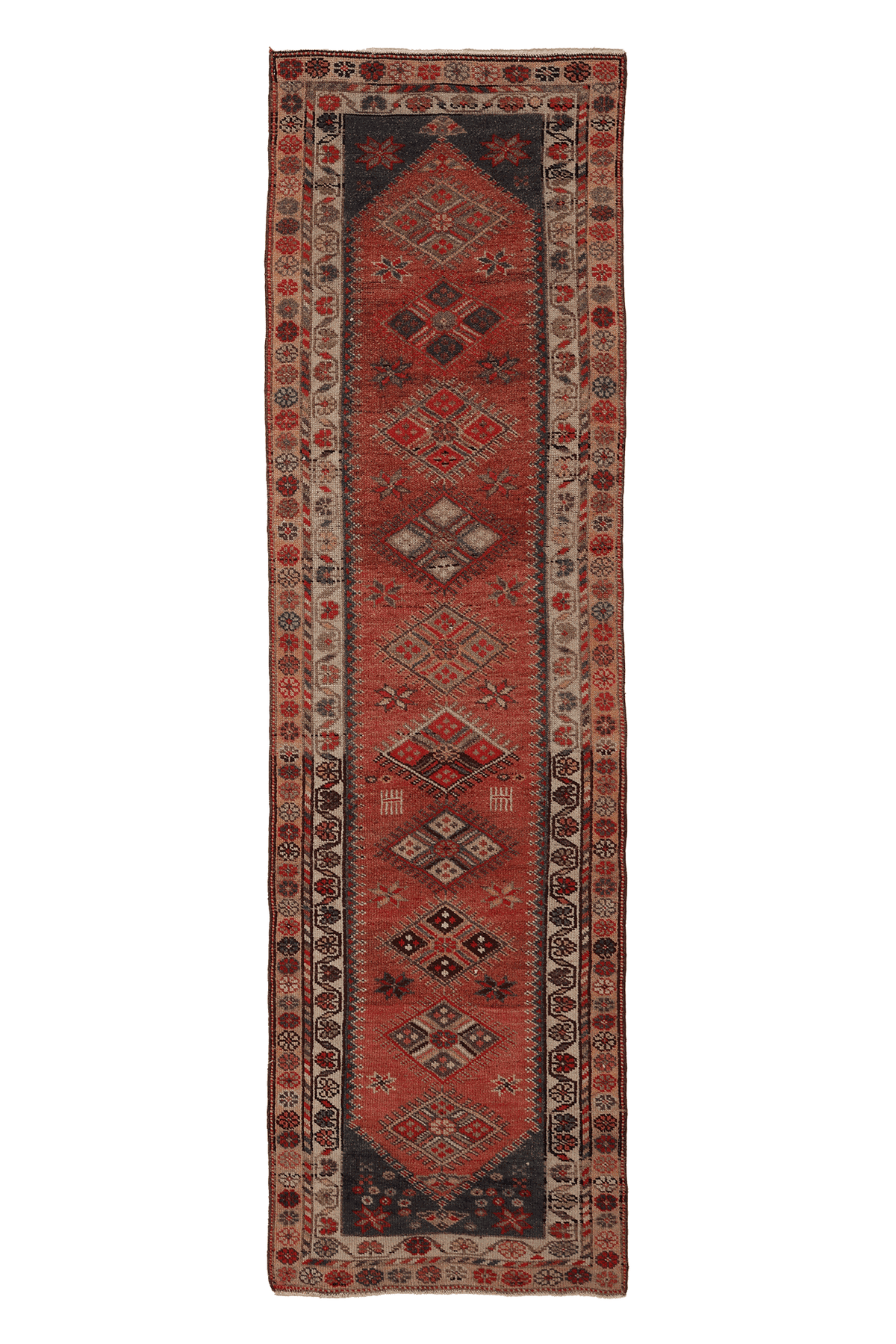 Vintage Southeastern Persian Style Runner Rug 3x10 ft — Red & Brown Geometric
