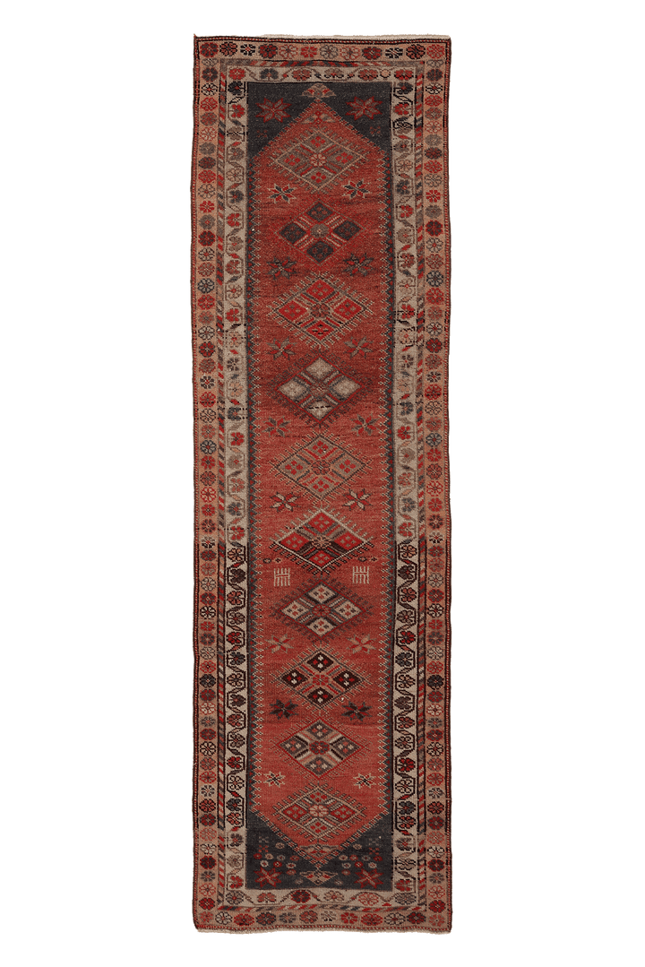 Vintage Southeastern Persian Style Runner Rug 3x10 ft — Red & Brown Geometric