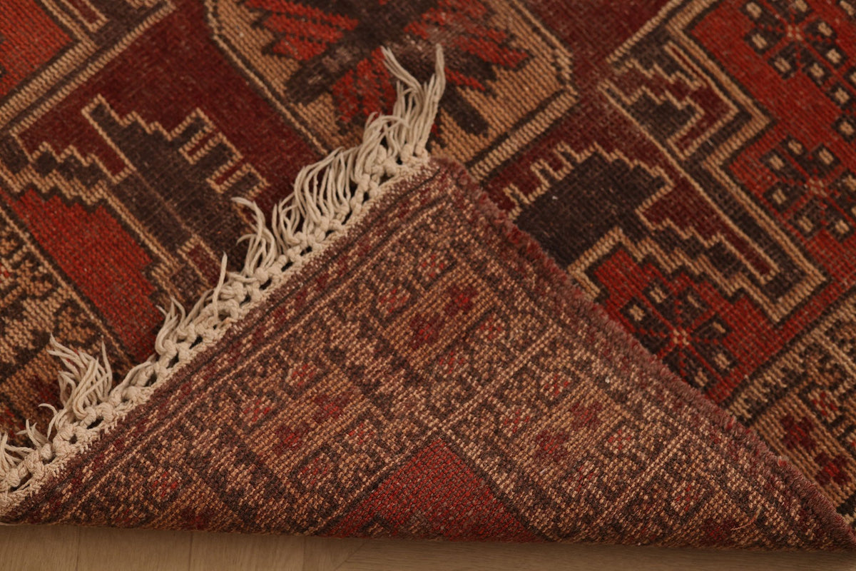 Vintage Denizli Turkish Runner Rug 3x6 ft — Red & Brown Geometric