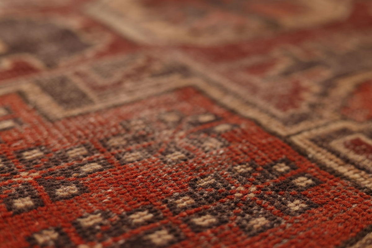 Vintage Denizli Turkish Runner Rug 3x6 ft — Red & Brown Geometric