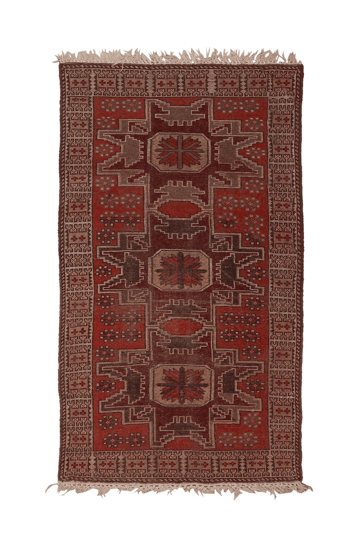 Vintage Denizli Turkish Runner Rug 3x6 ft — Red & Brown Geometric