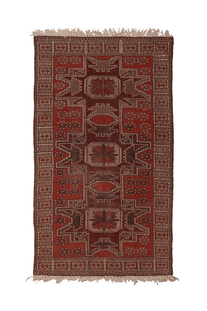 Vintage Denizli Turkish Runner Rug 3x6 ft — Red & Brown Geometric