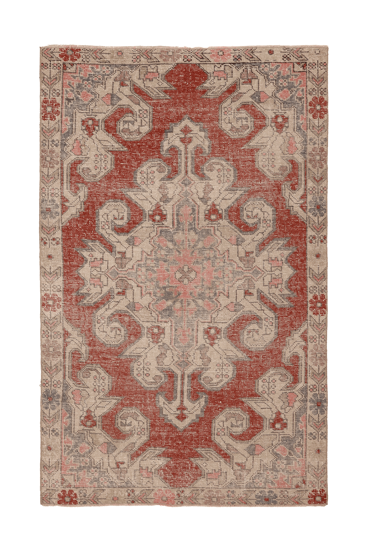 Vintage Nevşehir Turkish Area Rug 4x7 ft — Red & Beige Floral