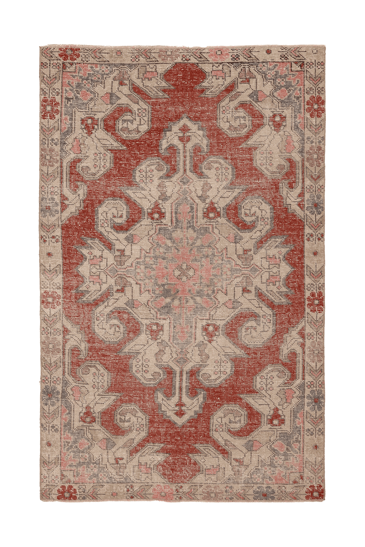 Vintage Nevşehir Turkish Area Rug 4x7 ft — Red & Beige Floral