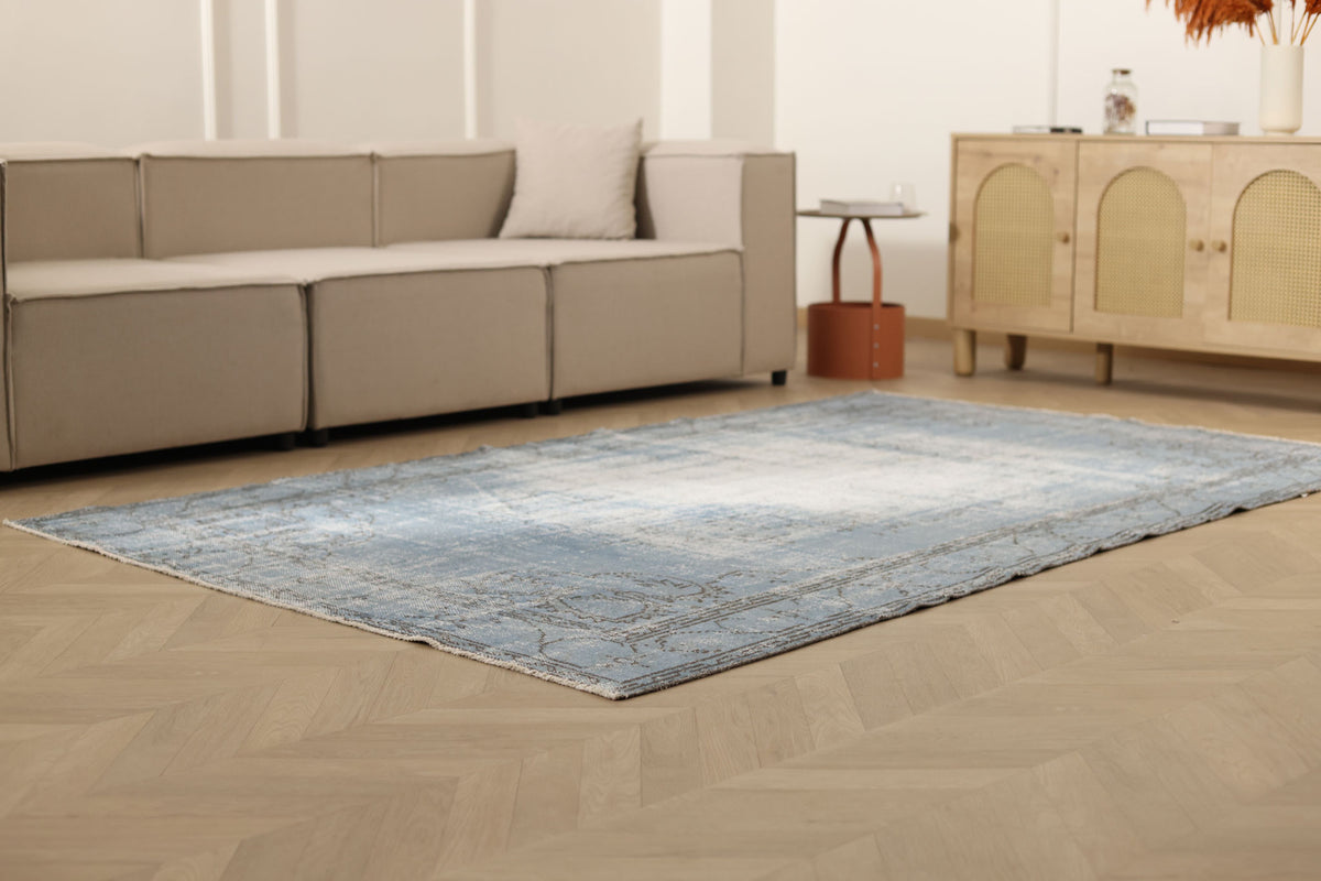 Vintage Manisa Turkish Area Rug 5x8 ft — Blue & Gray Distressed