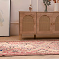 Handmade pink and gray Persian-style wool-cotton Kilim runner with geometric bohemian patterns.