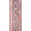Handmade 3x12ft wool and cotton Persian-style Kilim runner in pink and gray with geometric bohemian patterns.