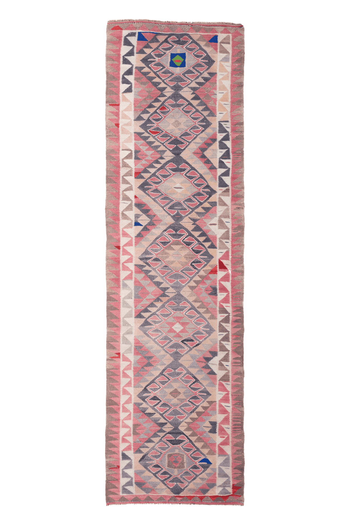 Handmade 3x12ft wool and cotton Persian-style Kilim runner in pink and gray with geometric bohemian patterns.