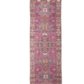 Handmade vintage Turkish runner rug in pink and brown with geometric patterns, 3x10 ft wool and cotton blend.
