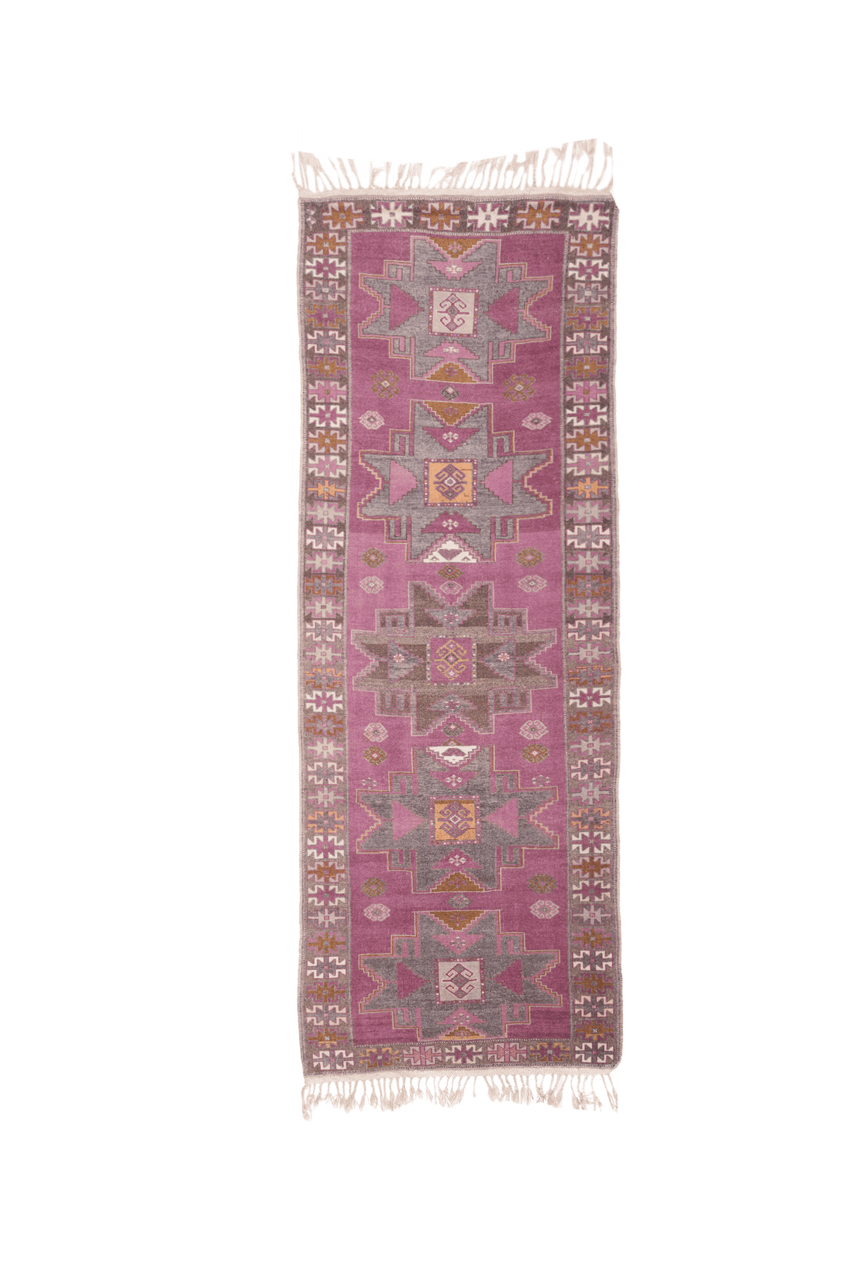 Handmade vintage Turkish runner rug in pink and brown with geometric patterns, 3x10 ft wool and cotton blend.