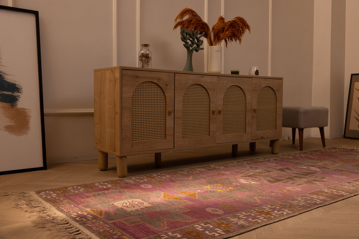 Hand-woven vintage Turkish runner rug in pink and brown with geometric patterns, 3x10 ft wool and cotton blend.