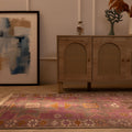 Vintage handmade Turkish runner rug in pink and brown geometric wool with fringe, 3x10 ft bohemian style.