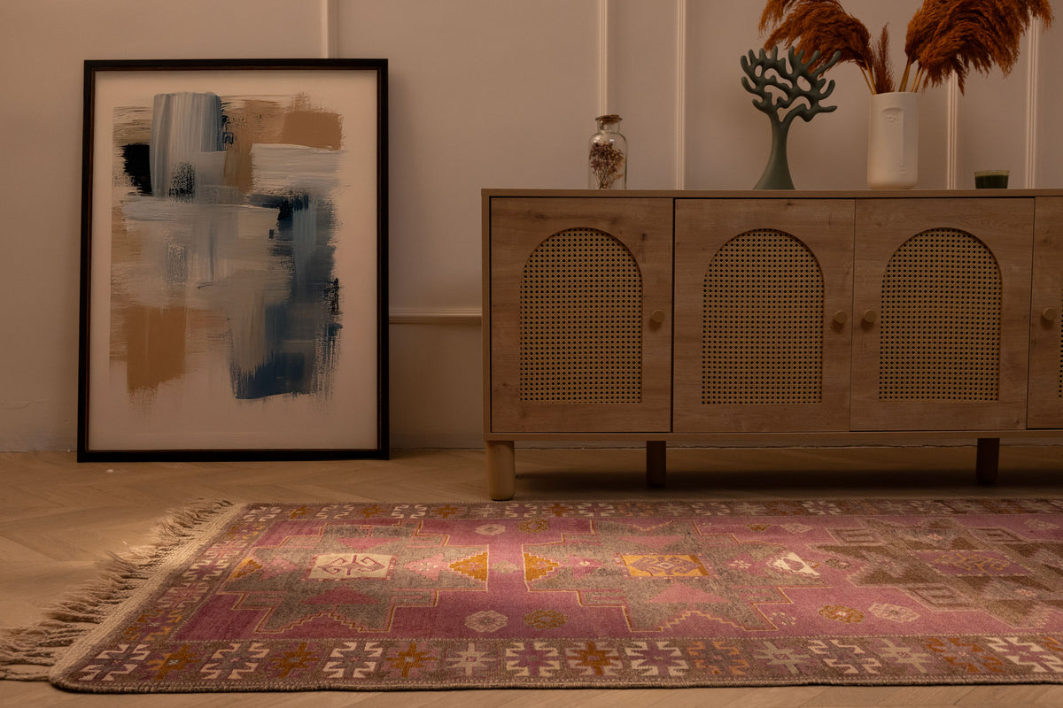 Vintage handmade Turkish runner rug in pink and brown geometric wool with fringe, 3x10 ft bohemian style.