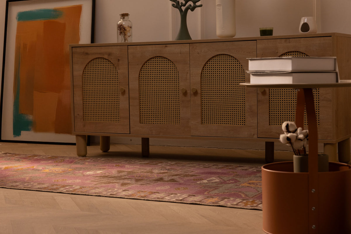 Vintage Malatya runner rug in pink and brown with geometric patterns, handmade from wool and cotton in a 3x10 ft size.