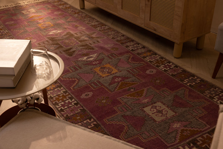 Vintage Malatya Turkish Runner Rug 3x10 ft — Pink & Brown Geometric