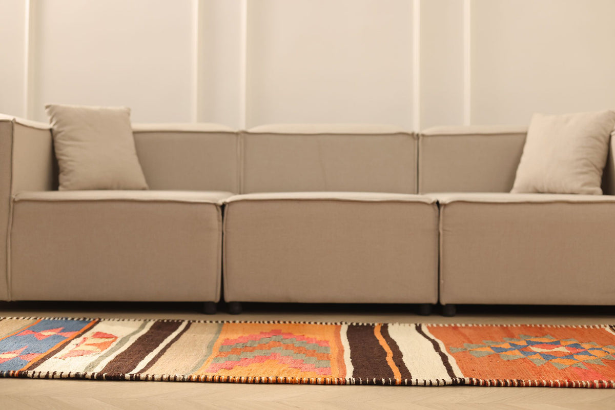 Vintage Sivas Turkish Kilim Runner Rug 3x13 ft — Orange & Beige Geometric