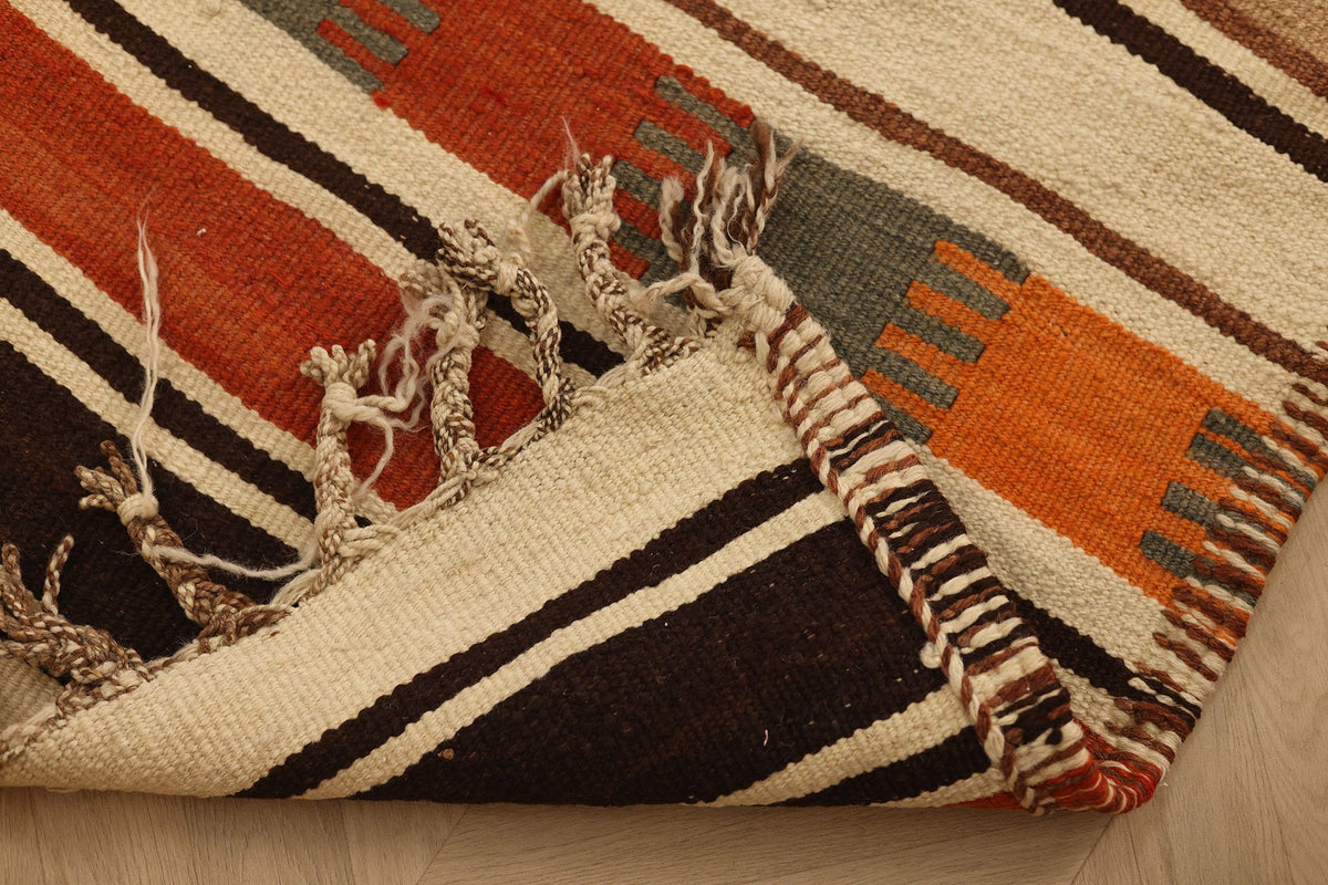 Vintage Sivas Turkish Kilim Runner Rug 3x13 ft — Orange & Beige Geometric