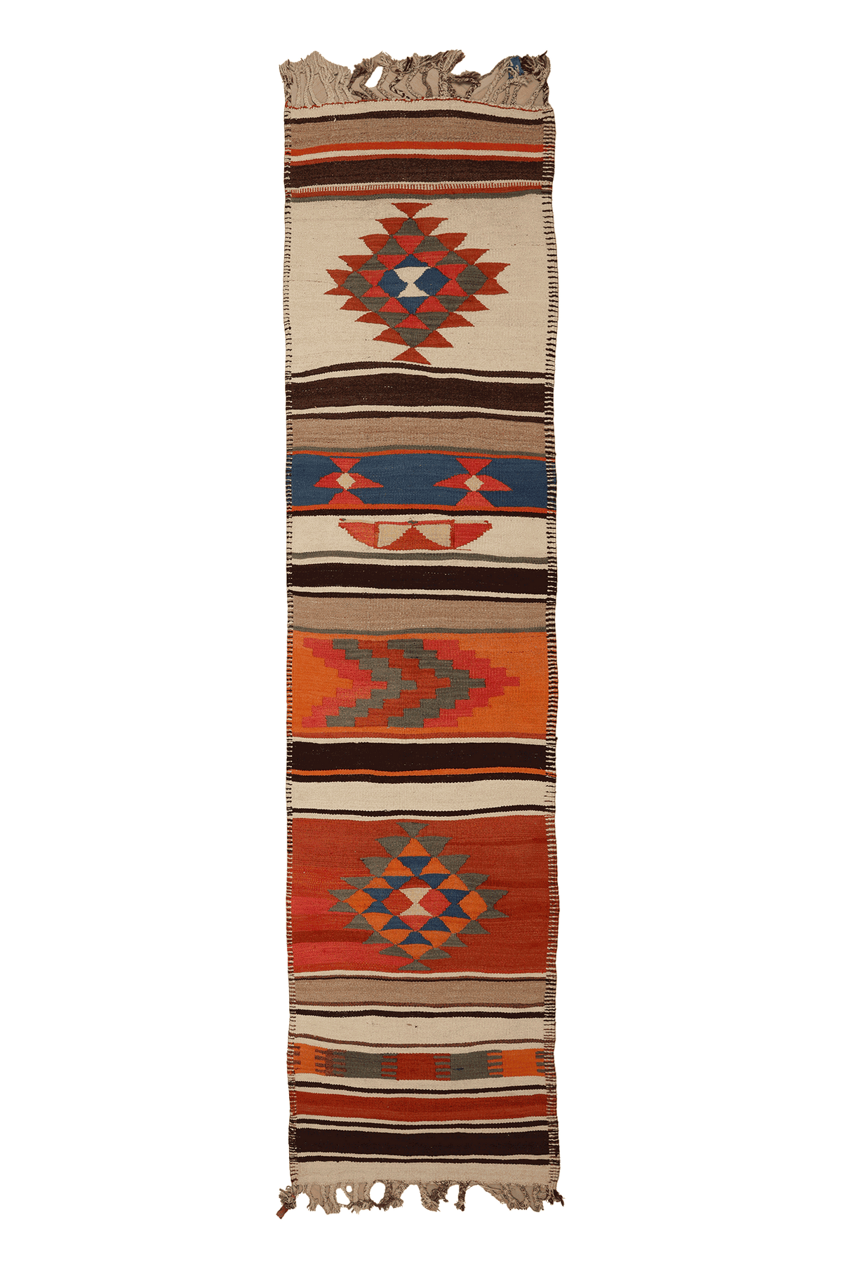 Vintage Sivas Turkish Kilim Runner Rug 3x13 ft — Orange & Beige Geometric
