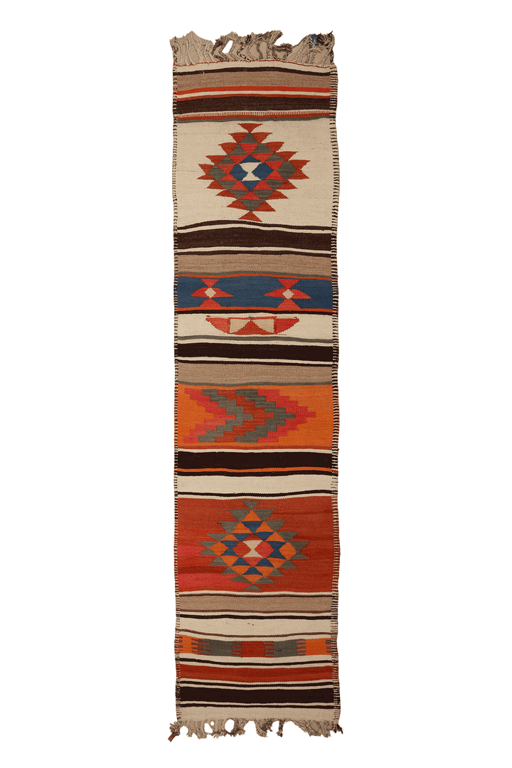 Vintage Sivas Turkish Kilim Runner Rug 3x13 ft — Orange & Beige Geometric