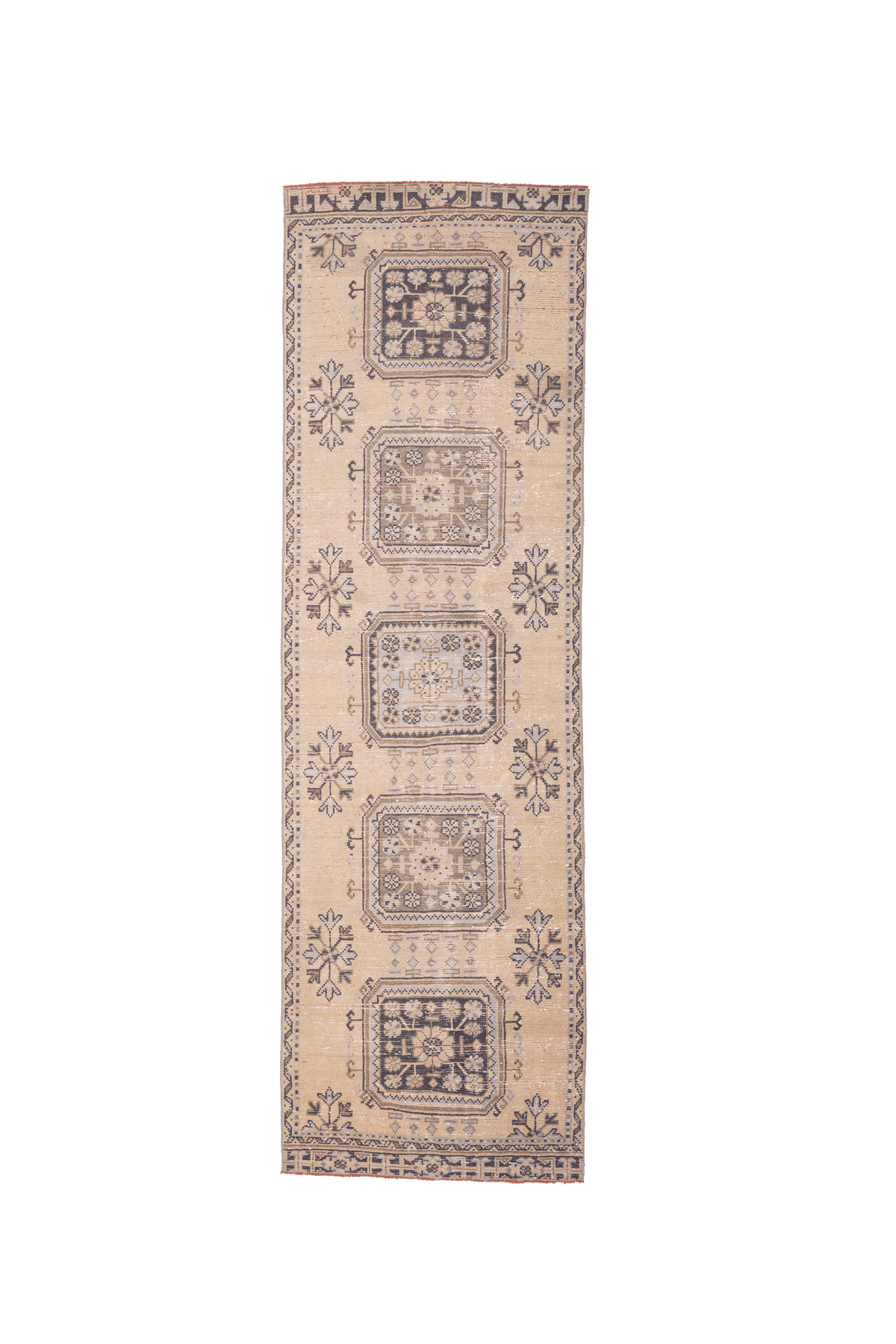 Hand-woven vintage Konya runner rug in beige wool and cotton with geometric patterns, 3x10 ft.