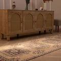 Vintage beige Konya runner rug with geometric patterns, hand-woven from wool and cotton, displayed in a farmhouse hallway.