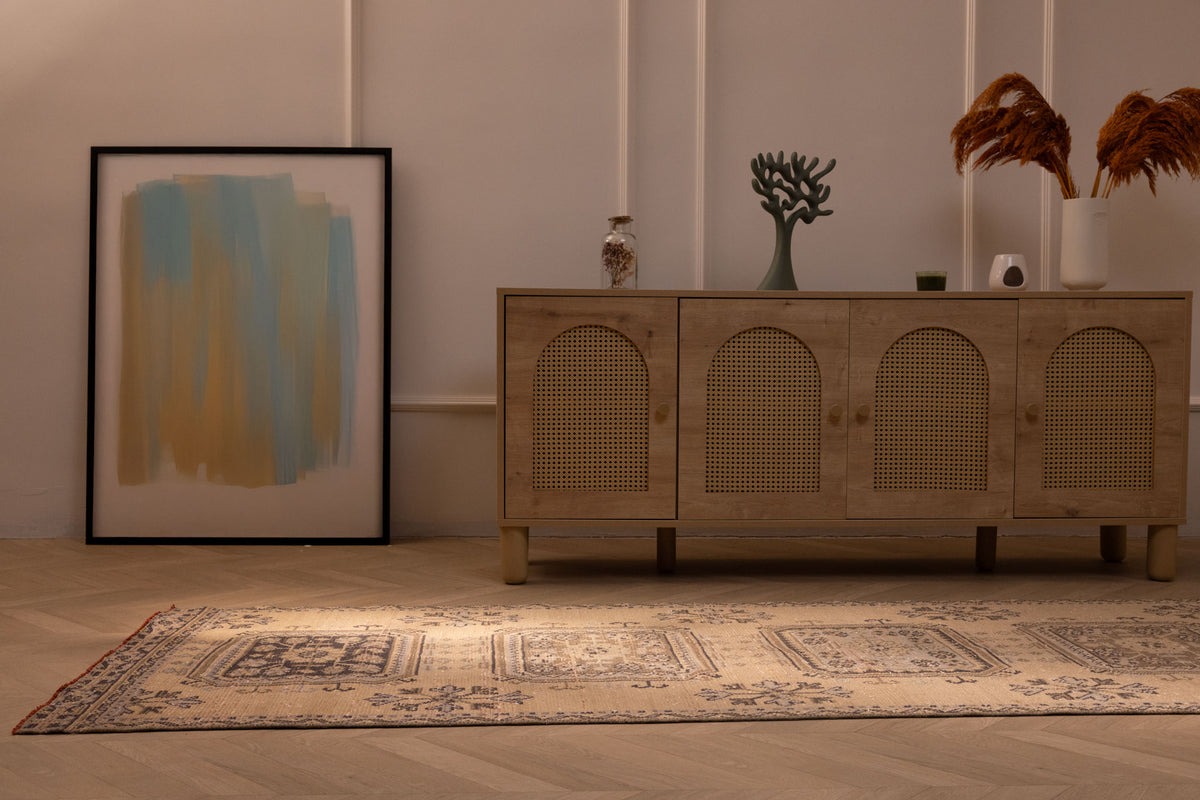 Vintage beige Konya runner rug with geometric patterns, hand-woven from wool and cotton in a 3x10 ft farmhouse style.