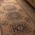 Vintage beige Konya runner rug with geometric patterns, hand-woven in wool and cotton for a farmhouse interior.