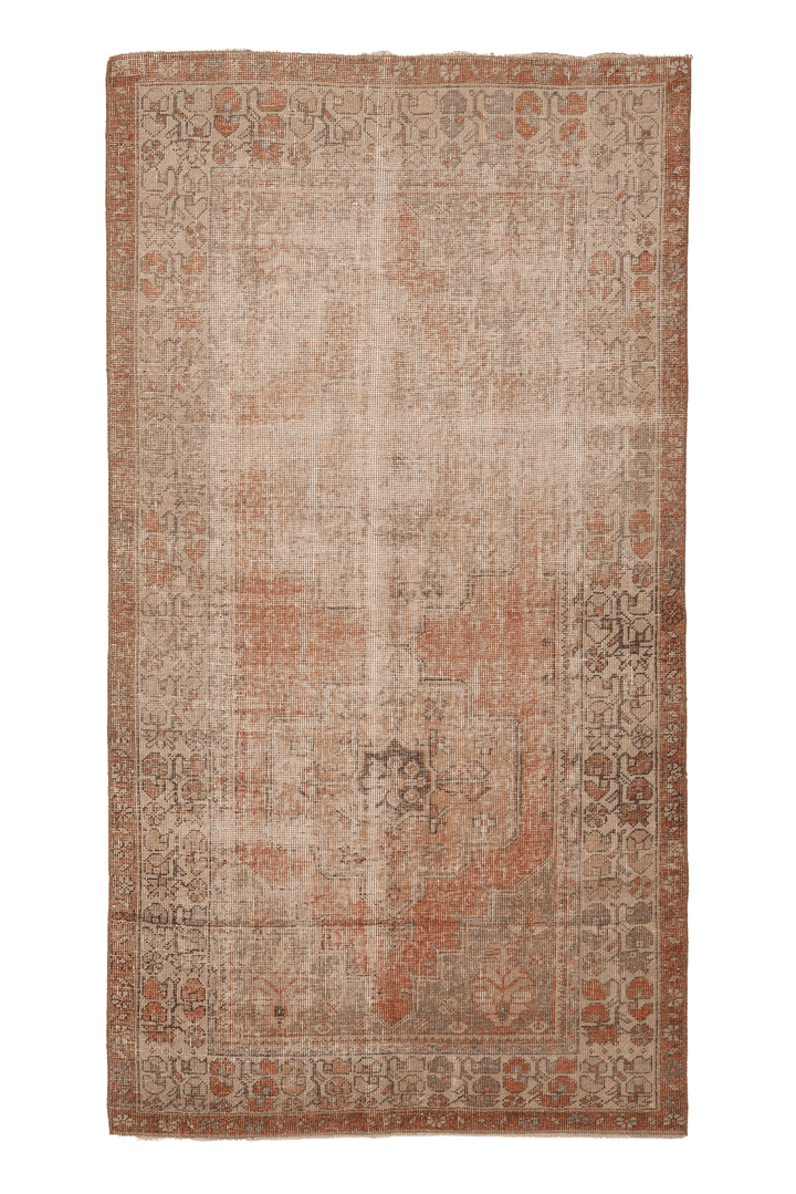Vintage Nevşehir Turkish Area Rug 4x8 ft — Beige & Orange Floral