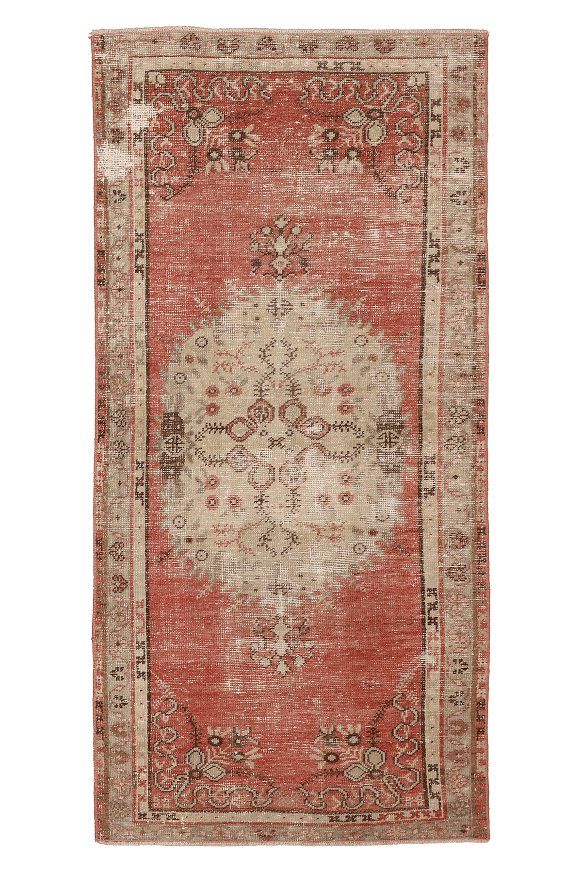 Vintage Denizli Turkish Runner Rug 3x6 ft — Red & Beige Floral