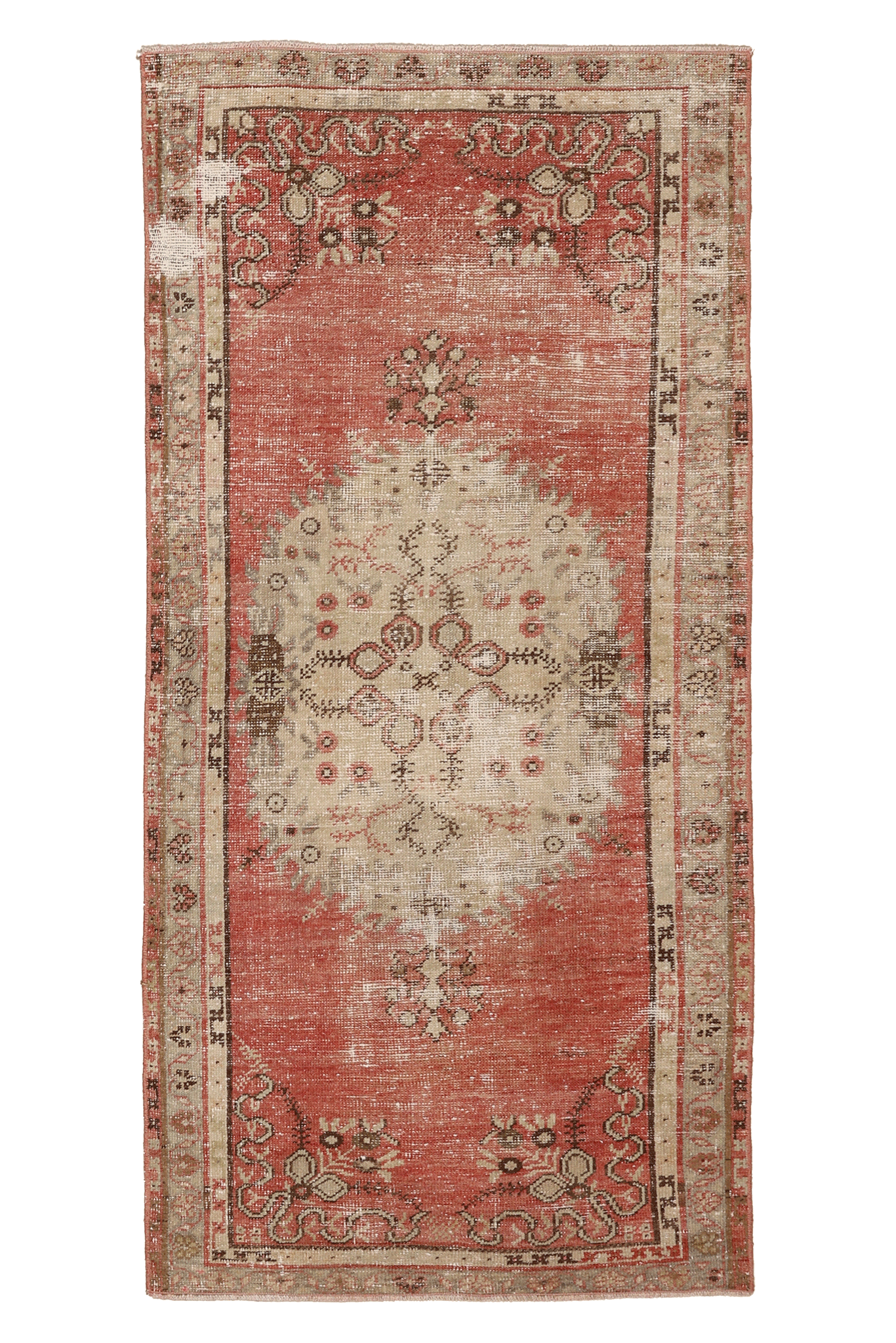 Vintage Denizli Turkish Runner Rug 3x6 ft — Red & Beige Floral