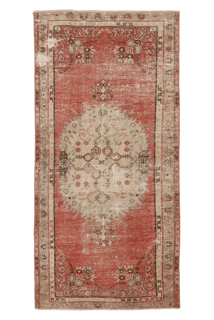 Vintage Denizli Turkish Runner Rug 3x6 ft — Red & Beige Floral