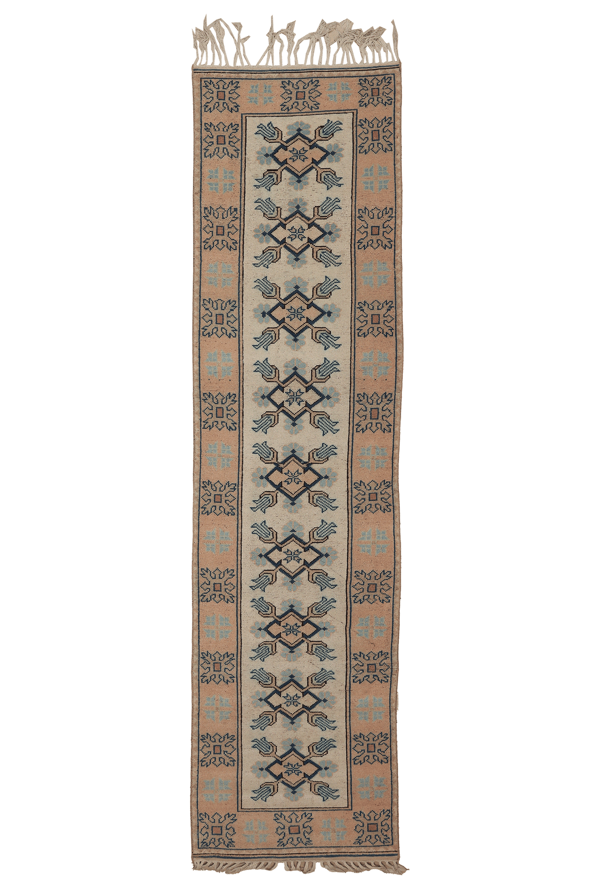 Vintage Muğla Turkish Runner Rug 2x11 ft — Beige & Blue Geometric