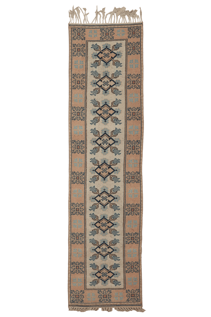 Vintage Muğla Turkish Runner Rug 2x11 ft — Beige & Blue Geometric