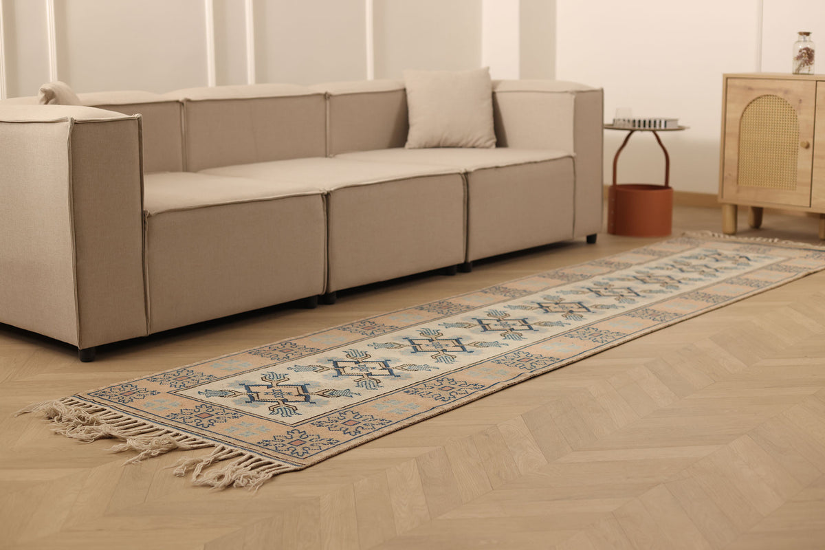 Vintage Muğla Turkish Runner Rug 2x11 ft — Beige & Blue Geometric