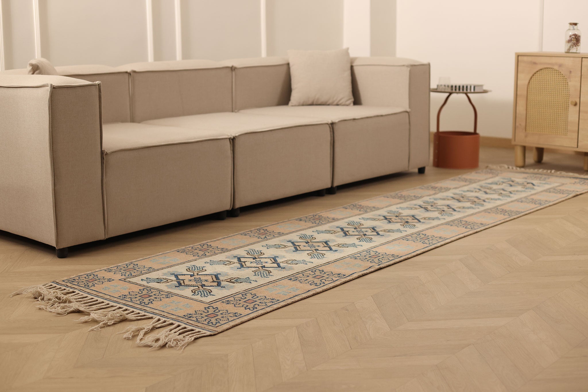 Vintage Muğla Turkish Runner Rug 2x11 ft — Beige & Blue Geometric