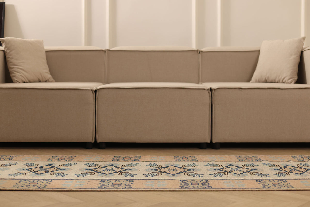 Vintage Muğla Turkish Runner Rug 2x11 ft — Beige & Blue Geometric