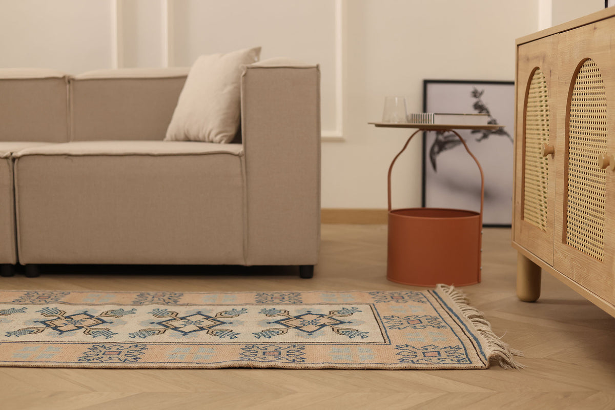 Vintage Muğla Turkish Runner Rug 2x11 ft — Beige & Blue Geometric