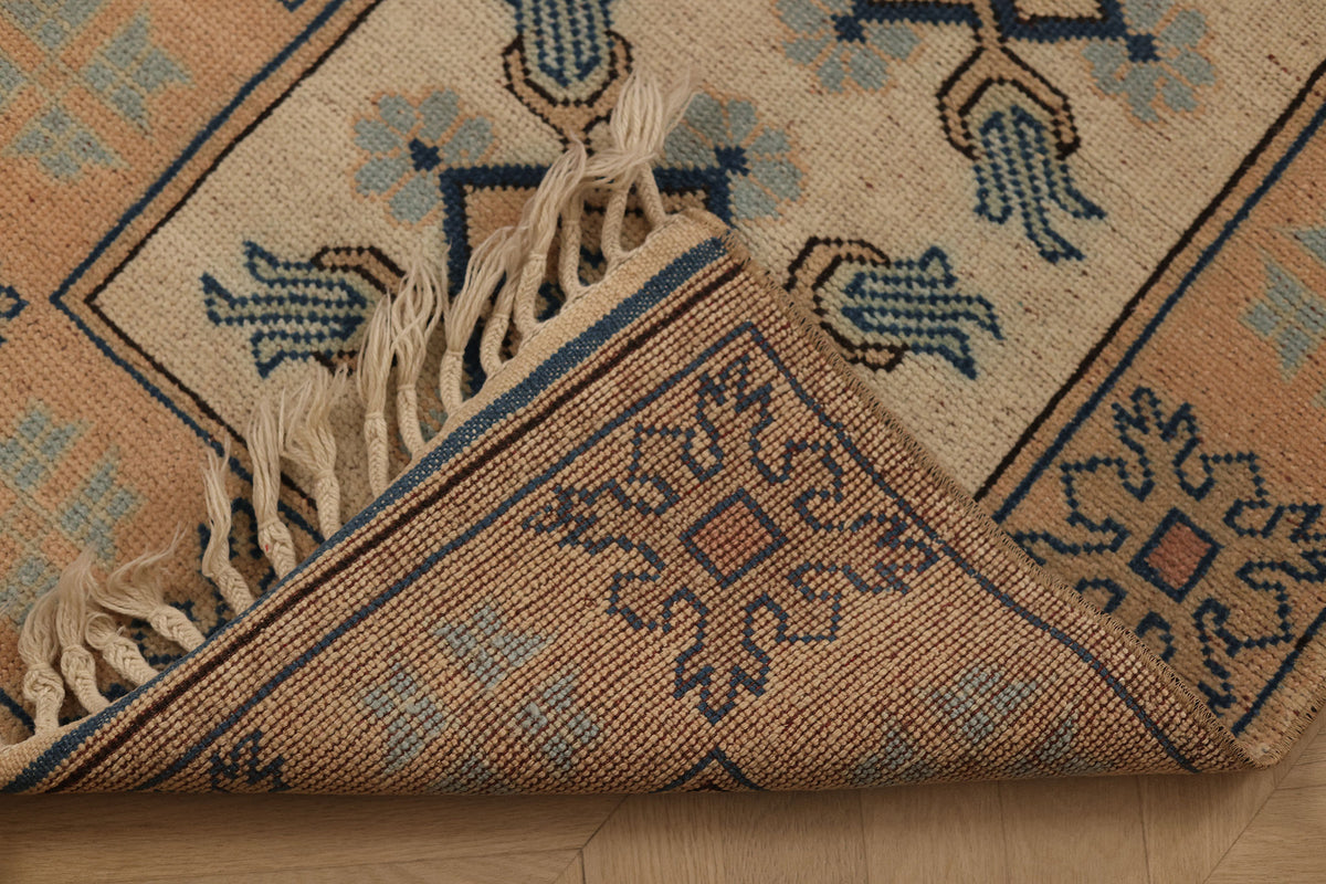 Vintage Muğla Turkish Runner Rug 2x11 ft — Beige & Blue Geometric