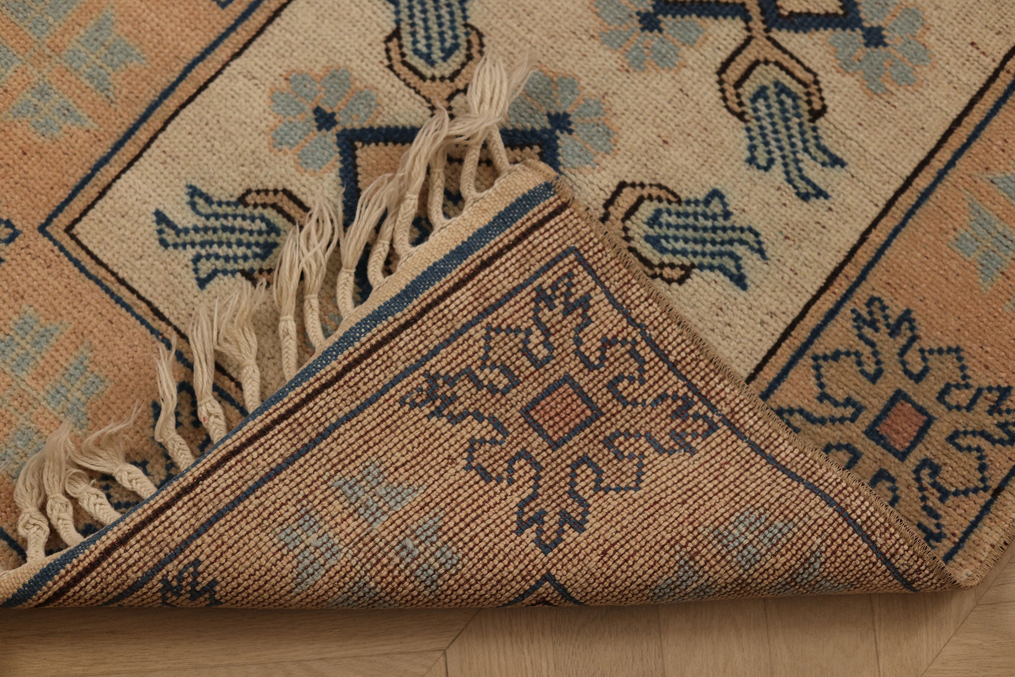Vintage Muğla Turkish Runner Rug 2x11 ft — Beige & Blue Geometric